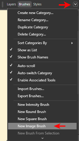 Illustration of the menu where to create a new image brush in Affinity