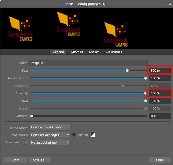 A few settings should be adjusted to make the watermark brush usable in Affinity, including the spacing and the size
